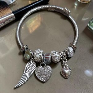 Silver Charm Bracelet Angel Wing Heart Rhinestone Beaded Bangle Adjustable